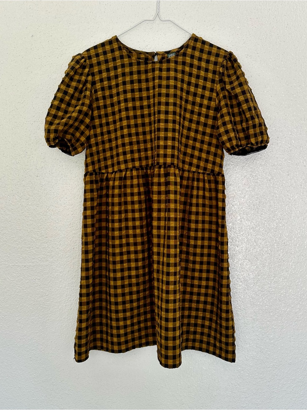 Grunge Punk Mustard and Black Gingham Puckered Puff-Sleeve Dress - Picture 1 of 6